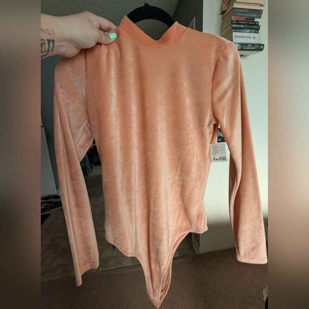 Peach Velvet Long Sleeve Bodysuit